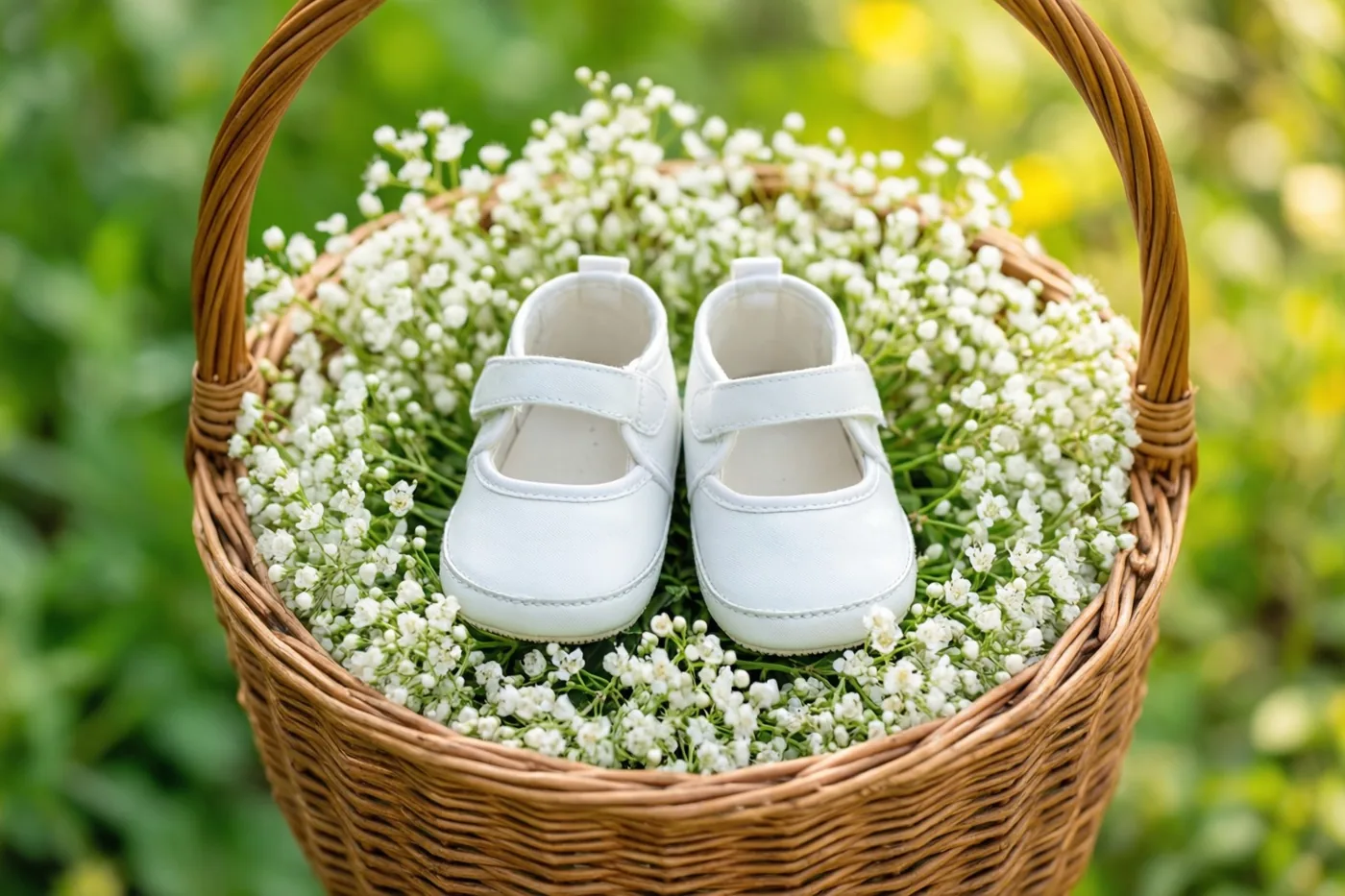 Witte babyschoentjes liggen in een rieten mand met wit gipskruid, buiten tegen een wazige groen-gele achtergrond.