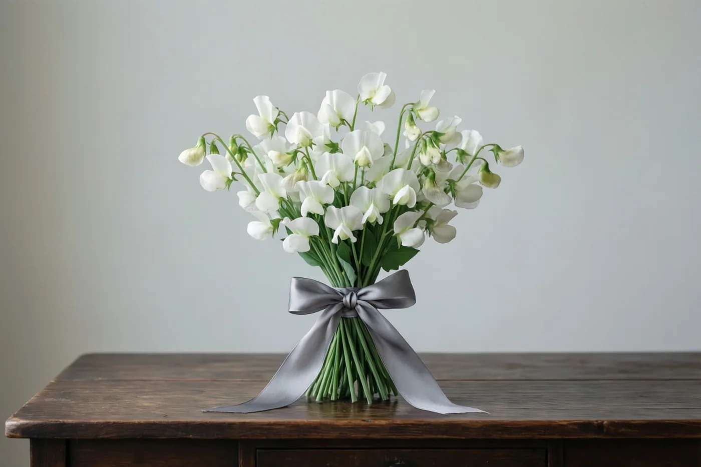 Een boeket witte siererwten, samengebonden met een grijs zijden lint, staat op een donkere houten tafel tegen een effen lichtgrijze achtergrond.