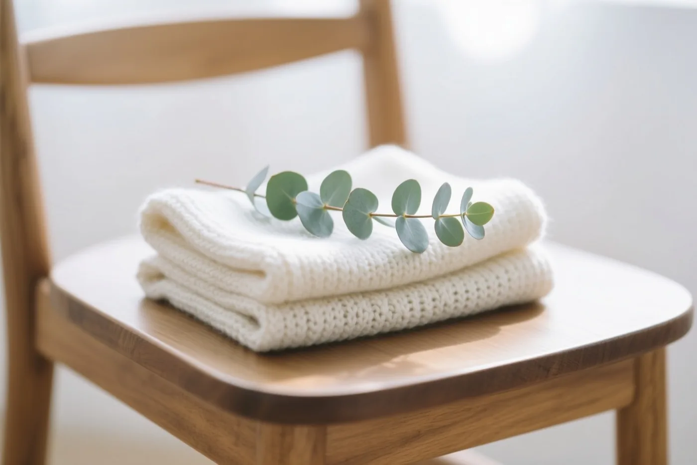 Een opgevouwen witte handgebreide sjaal met een takje eucalyptus ligt op een houten stoel in zacht licht.