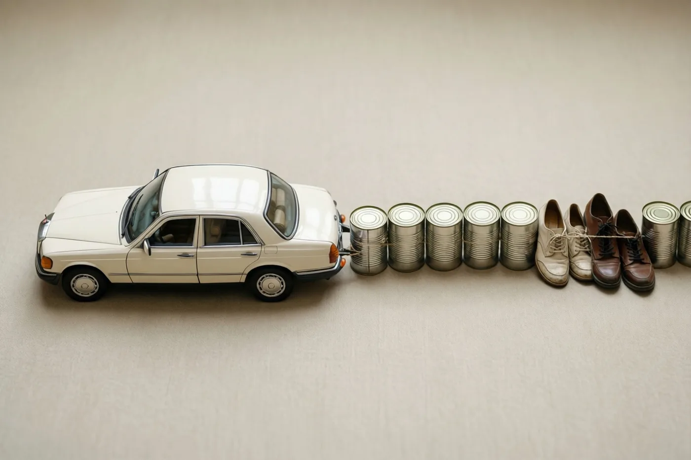 Een witte speelgoedauto trekt een rij blikken en paren schoenen over een effen beige ondergrond.