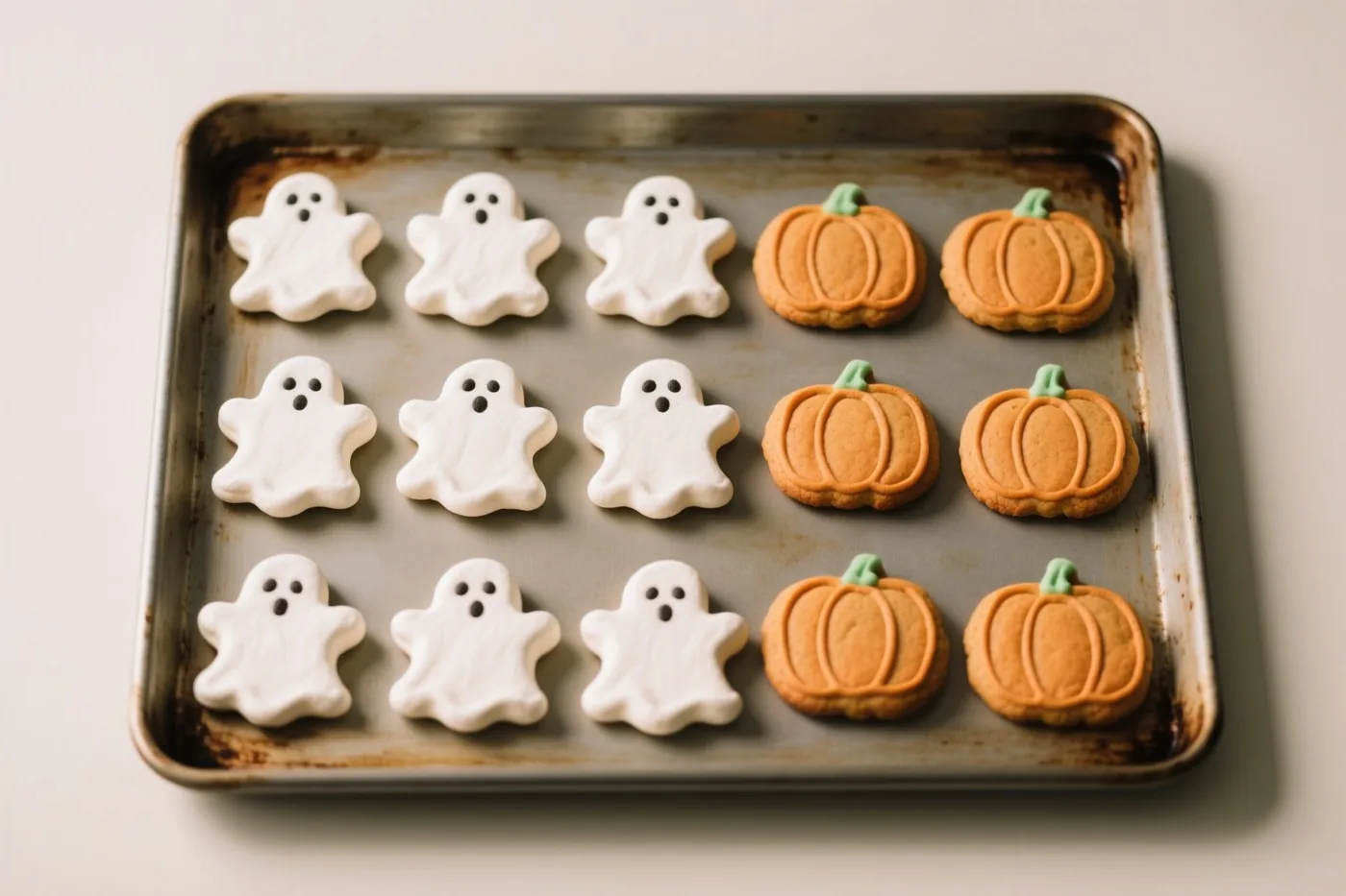 Op een bakplaat liggen rijen witte spookjes van meringue en oranje pompoenkoekjes met groene steeltjes tegen een lichte achtergrond.