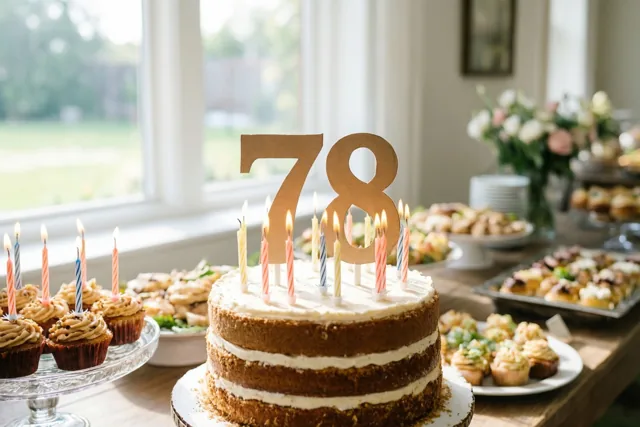 Een stapeltaart met wit glazuur, brandende kaarsen en een papieren versiering met 78 staat bij een raam op een buffet tussen desserts en bloemstukken.