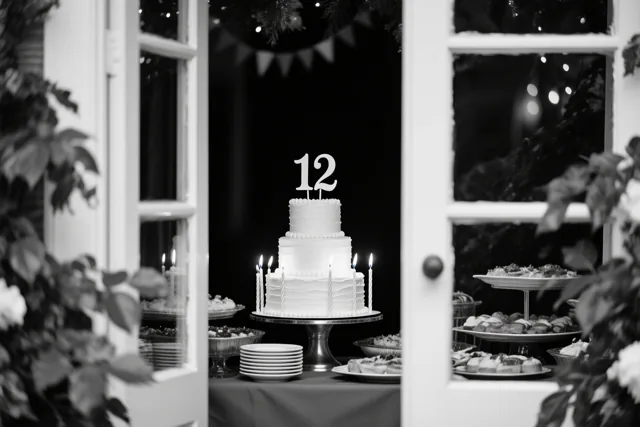 Een zwart-witfoto toont door een open raam een witte taart met meerdere lagen, brandende kaarsjes en een papieren versiering met 12, bij desserts en borden op een buffet tussen bladeren.