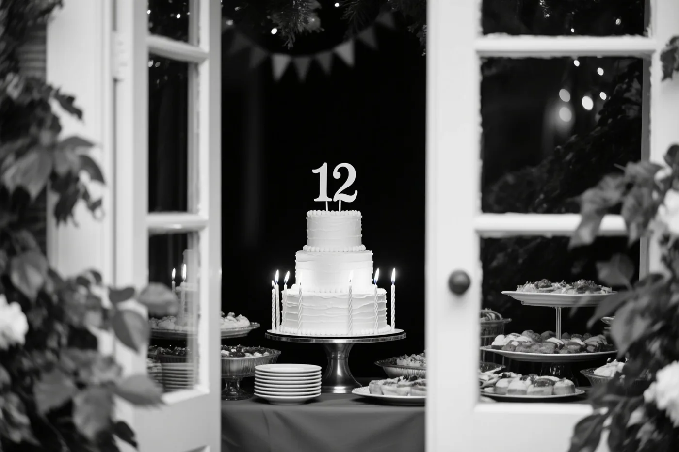 Een zwart-witfoto toont door een open raam een witte taart met meerdere lagen, brandende kaarsjes en een papieren versiering met 12, bij desserts en borden op een buffet tussen bladeren.