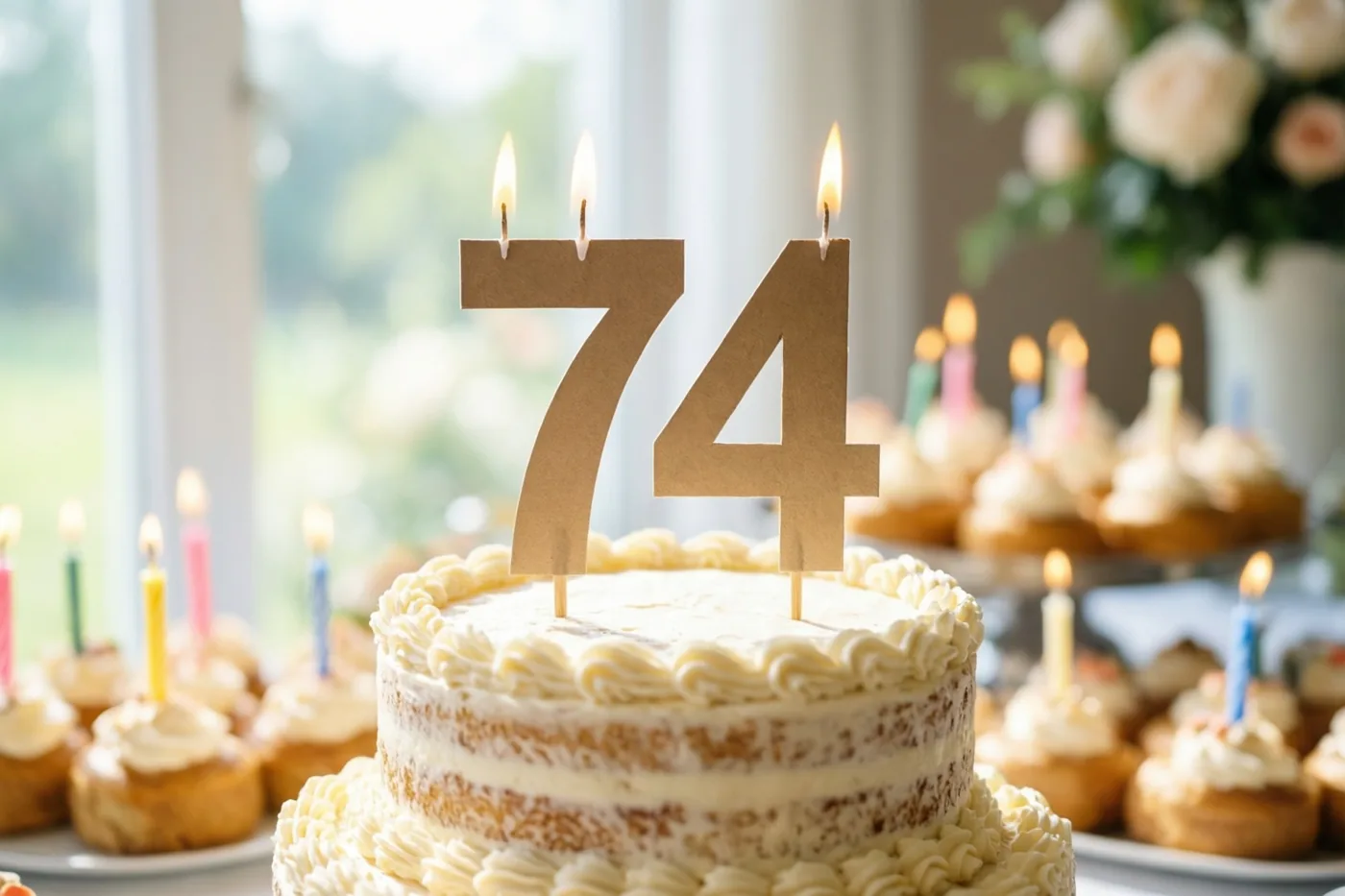 Een taart met verdiepingen, wit glazuur, brandende kaarsen en een grote papieren 74 staat op een buffet met desserts en kaarsen in zacht daglicht.