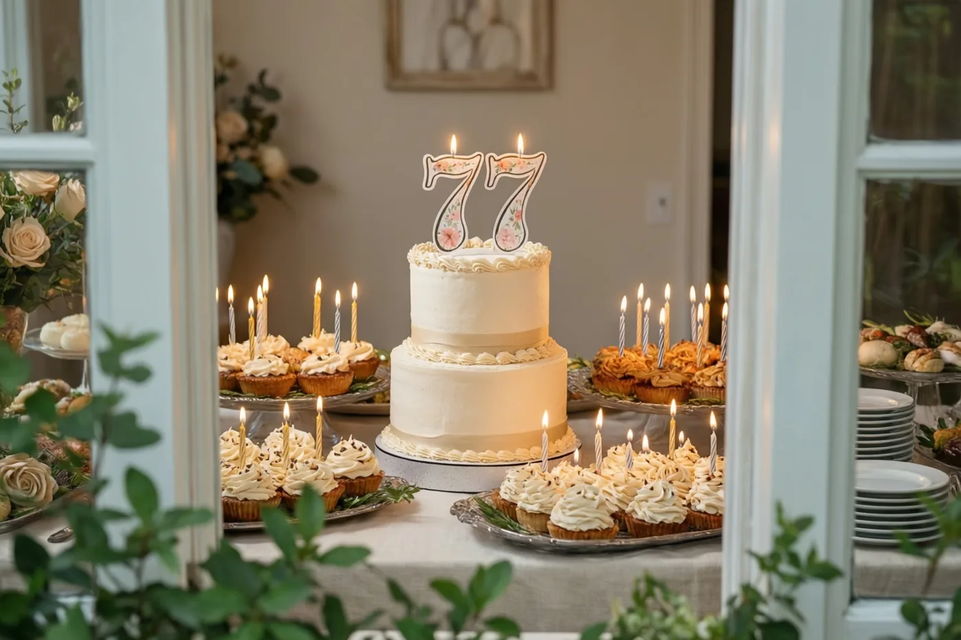 Door een raamkozijn is een witte taart met verdiepingen, een 77 met bloemen en brandende kaarsen te zien, omringd door cupcakes met kaarsen en groen op de voorgrond.