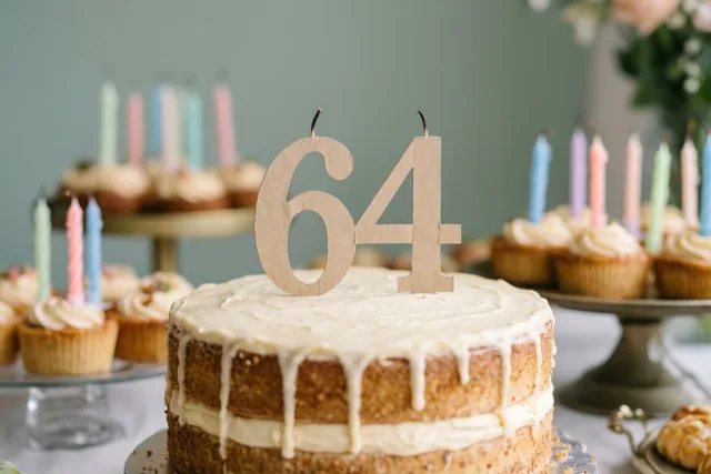Een stapeltaart met wit glazuur, druipende glazuurranden en een papieren 64 staat tussen cupcakes met kaarsjes op een buffet voor een gedempte groene muur.