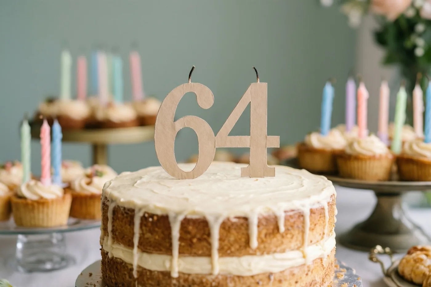 Een stapeltaart met wit glazuur, druipende glazuurranden en een papieren 64 staat tussen cupcakes met kaarsjes op een buffet voor een gedempte groene muur.