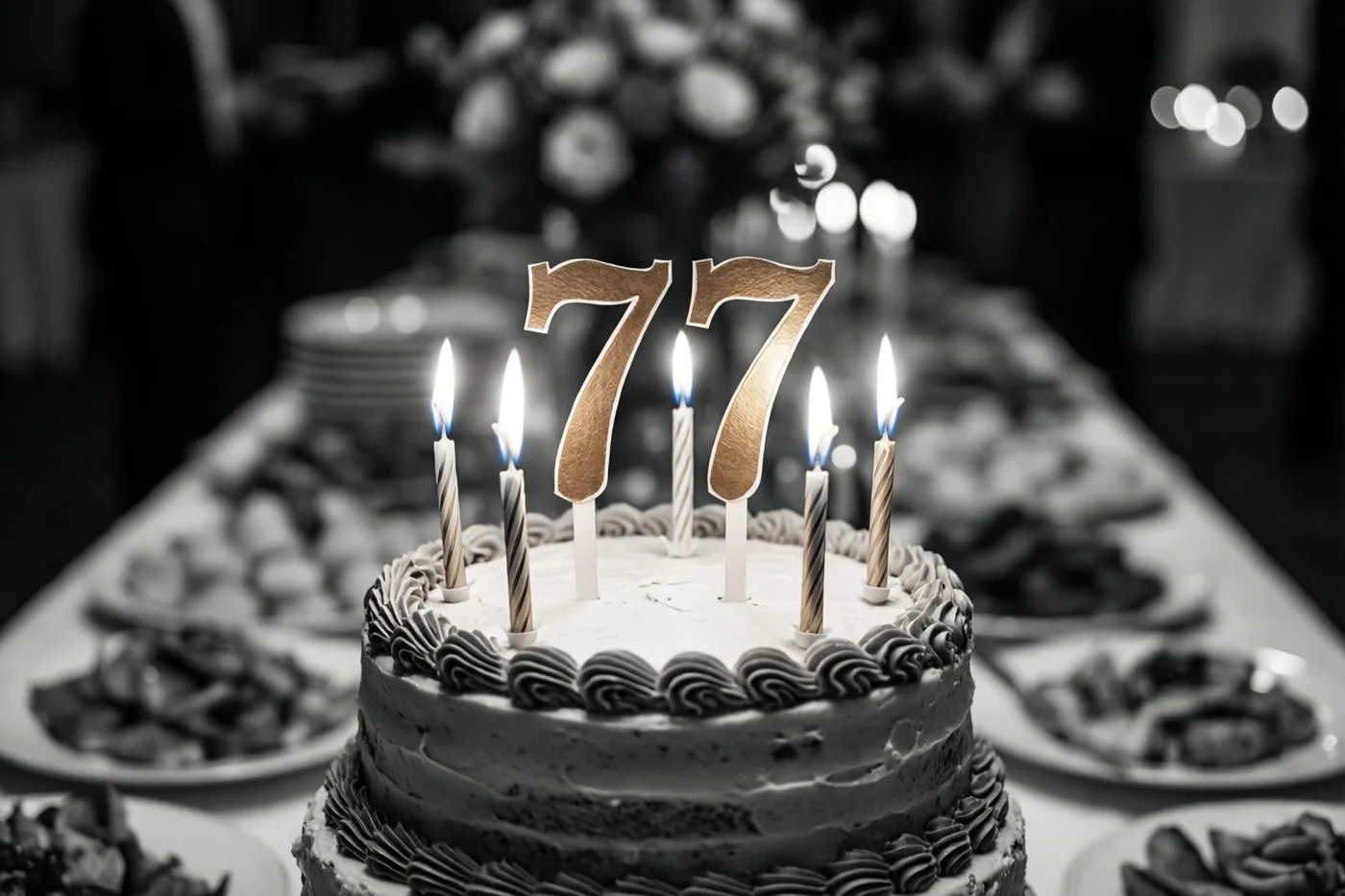 Een witte taart met verdiepingen en gespoten randen staat op een buffettafel, met een gouden 77 bovenop en vijf brandende kaarsen.
