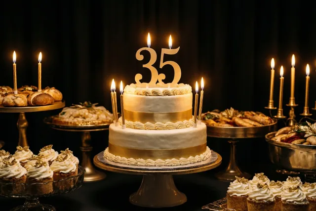 Een witte taart met twee verdiepingen, gouden lint, kaarsjes en een taartdecoratie met 35 staat tussen desserts en brandende kaarsen tegen een donkere achtergrond.