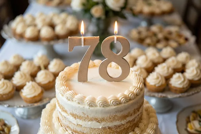 Een stapeltaart met wit glazuur, opgespoten randen en grote kartonnen cijferdecoraties in kaarsvorm die 78 vormen staat op een buffet tussen cupcakes.