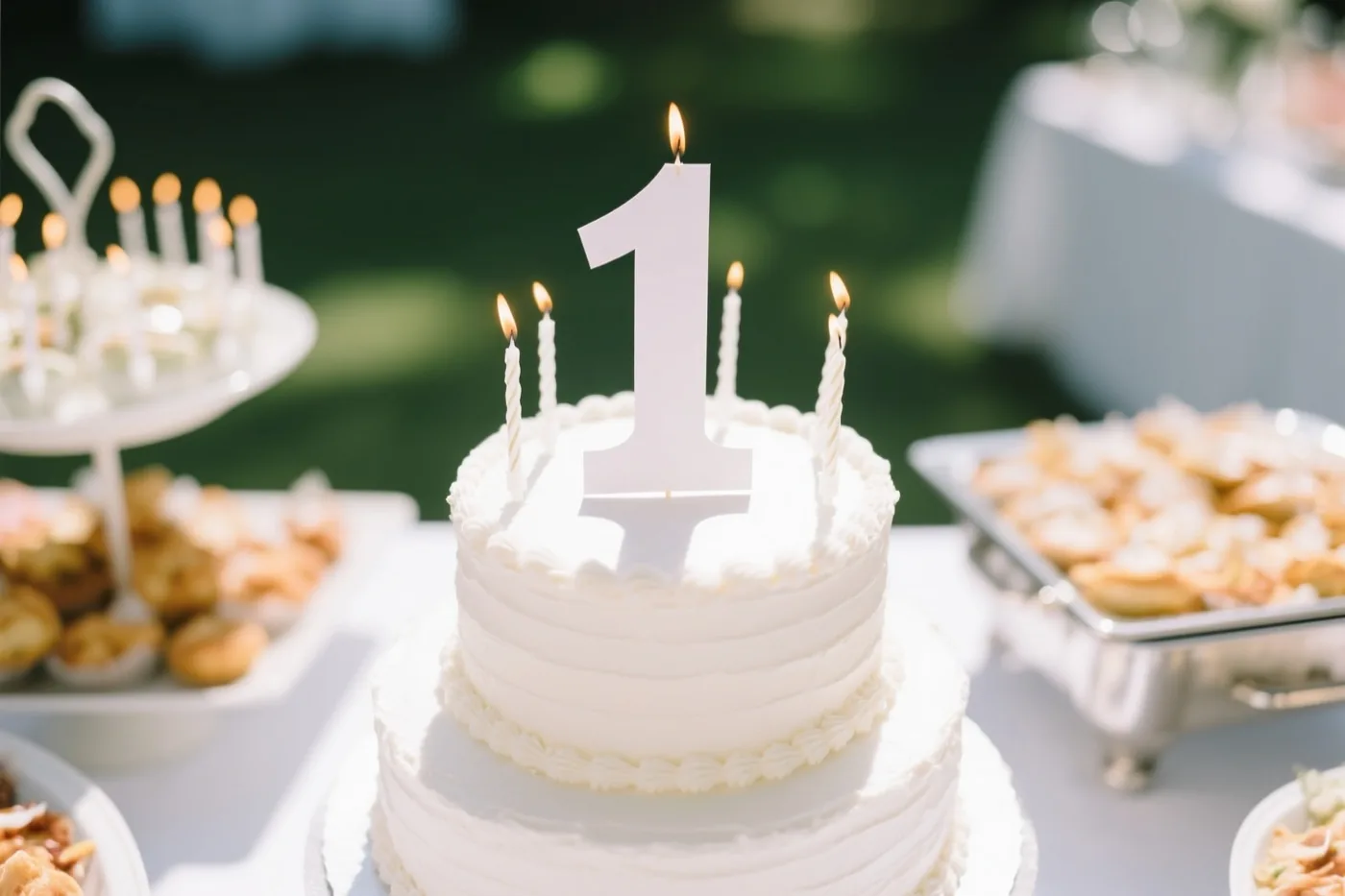 Een witte stapeltaart met een groot papieren cijfer 1 en brandende kaarsjes staat op een feestelijk buffet buiten, met zonlicht en wazig groen op de achtergrond.