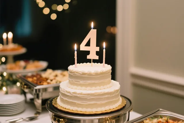 Een witte taart met twee verdiepingen, een grote papieren 4 en drie brandende kaarsjes staat op een buffettafel met onscherpe feestlichtjes op de achtergrond.