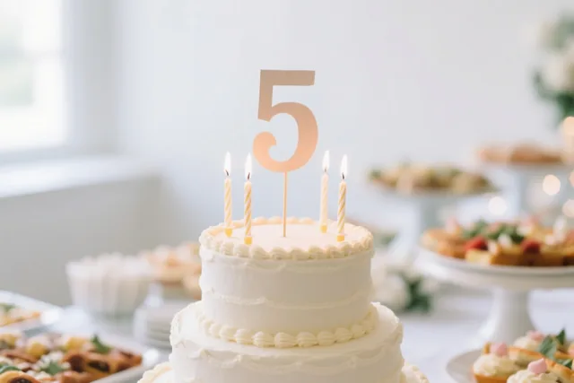 Een witte taart met twee verdiepingen, brandende kaarsjes en een grote papieren 5 staat op een feestelijke buffettafel in een lichte omgeving met witte en crèmekleurige tinten.
