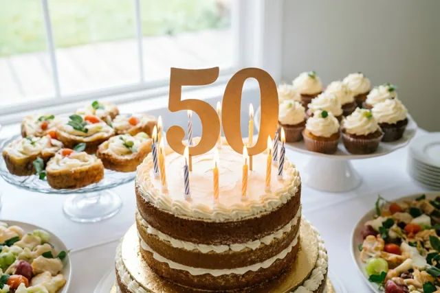 Een stapeltaart met wit glazuur, brandende kaarsjes en een grote papieren 50 staat binnen bij een raam op een buffet met desserts en andere gerechten.