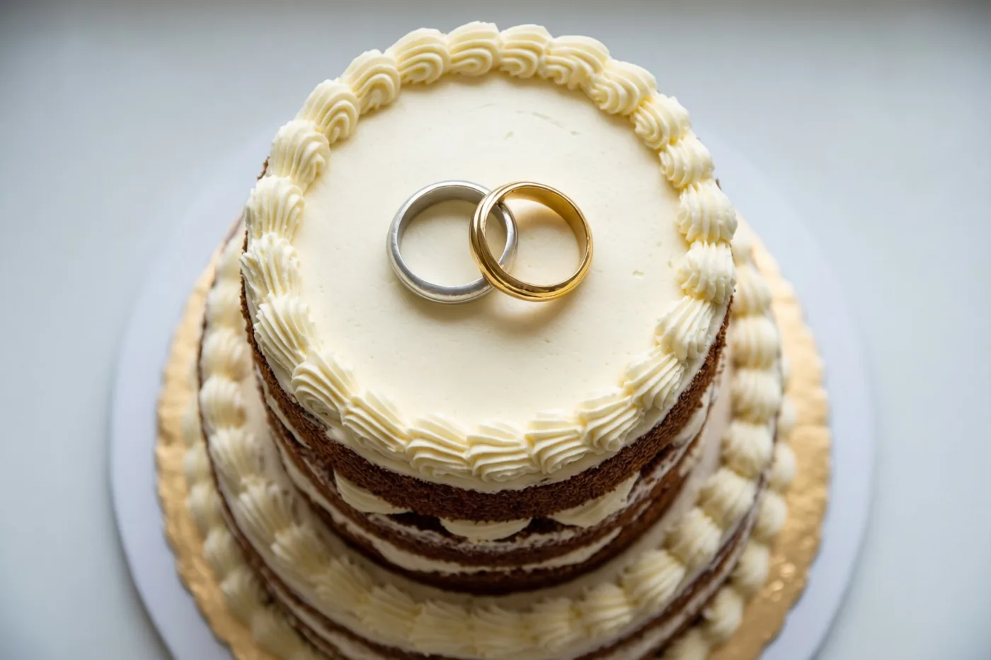 Een witte taart met meerdere verdiepingen en opgespoten randen staat op een gouden kartonnen bodem tegen een witte achtergrond, met bovenop een gouden en een zilveren ring die in elkaar haken.