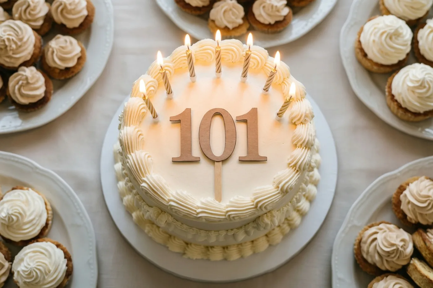 Een witte stapeltaart met brandende kaarsen en een papieren versiering met 101 staat midden op een tafel met borden vol cupcakes.