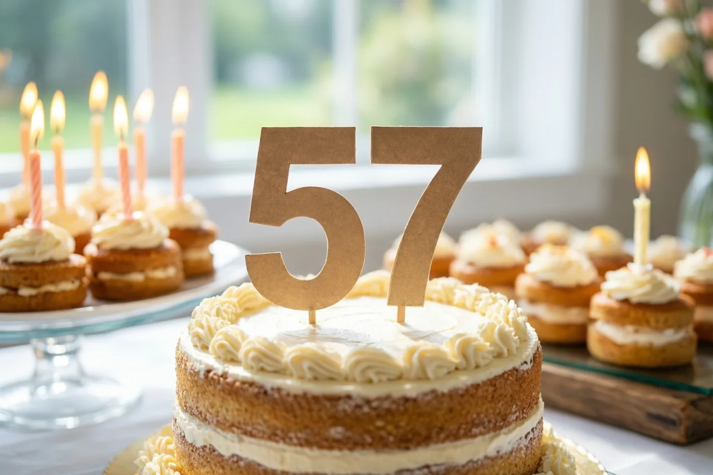 Een taart met meerdere verdiepingen, wit glazuur en een papieren versiering met 57 staat op een feestbuffet bij een raam, tussen cupcakes met brandende kaarsjes.