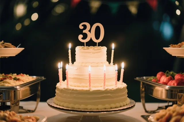 Een witte taart met drie verdiepingen, brandende kaarsen en een versiering met 30 staat op een buffet tussen schalen eten, met onscherpe feestlichtjes op de achtergrond.