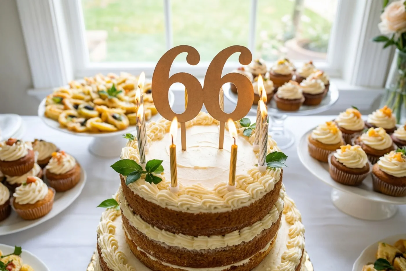 Een stapeltaart met wit glazuur, brandende kaarsjes en een grote papieren 66 staat tussen borden met cupcakes en hapjes op een buffettafel in een lichte kamer met een raam.