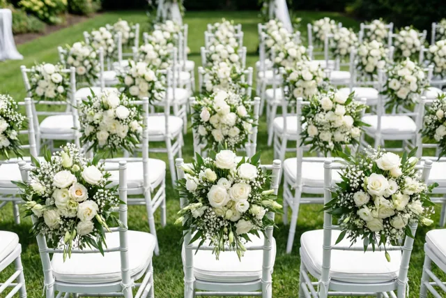 Rijen witte stoelen met bloemstukken aan de rugleuningen staan voor een ceremonie op het gras in een tuin met witte en groene tinten.