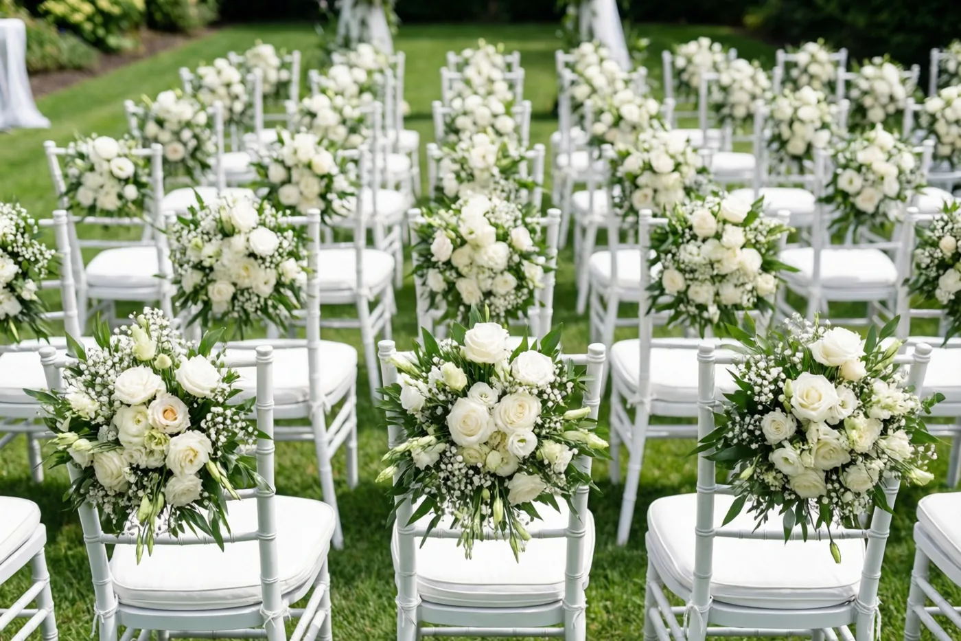 Rijen witte stoelen met bloemstukken aan de rugleuningen staan voor een ceremonie op het gras in een tuin met witte en groene tinten.