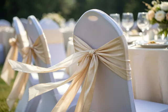 Witte stoelen met crèmekleurige zijden strikken staan buiten bij een gedekte tafel in zacht zonlicht, met onscherp groen en bloemstukken op de achtergrond.