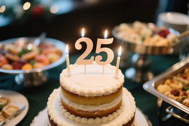 Een taart met meerdere verdiepingen, wit glazuur, brandende kaarsen en een papieren 25 staat in warm licht op een buffet met onscherpe gerechten op de achtergrond.