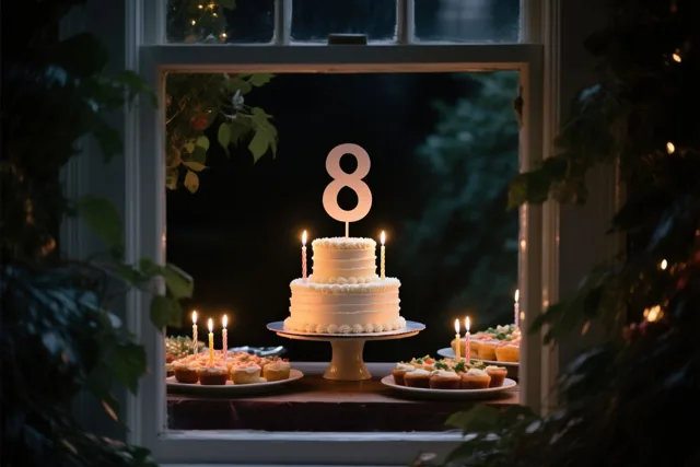 Een witte taart met meerdere verdiepingen, een papieren 8 en brandende kaarsjes staat op een vensterbank tussen cupcakes en feestlichtjes, omkaderd door het raam en donker gebladerte.