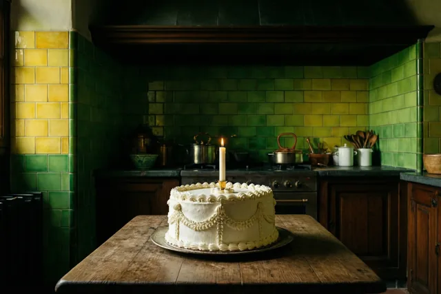 Een witte communietaart met één brandende kaars staat op een houten tafel in een traditionele Vlaamse keuken met groene en gele wandtegels.