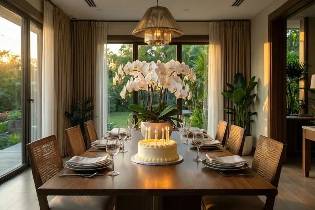 Een taart met wit glazuur en brandende kaarsjes staat met een groot bloemstuk van witte orchideeën op een lange houten tafel bij ramen met uitzicht op een groene tuin.