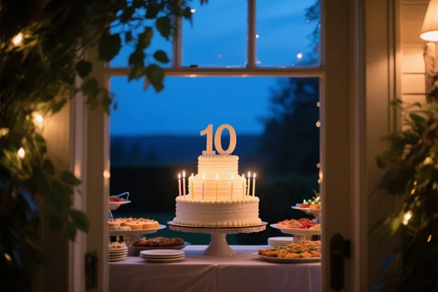 Door een open deuropening is een witte taart met meerdere lagen, brandende kaarsjes en een papieren versiering met 10 te zien op een buffet bij schemering, met lichtslingers en een blauwe avondlucht.