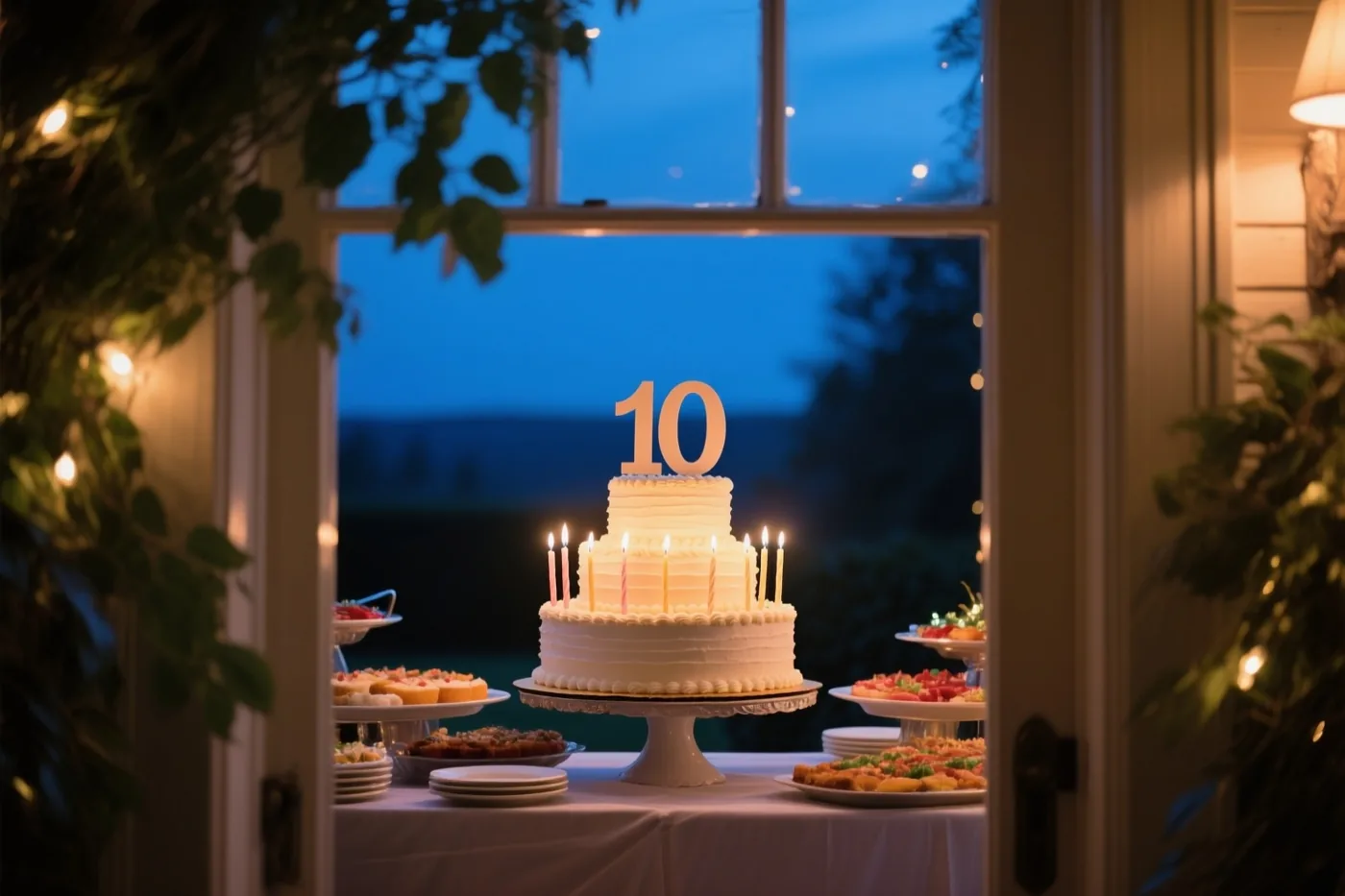 Door een open deuropening is een witte taart met meerdere lagen, brandende kaarsjes en een papieren versiering met 10 te zien op een buffet bij schemering, met lichtslingers en een blauwe avondlucht.