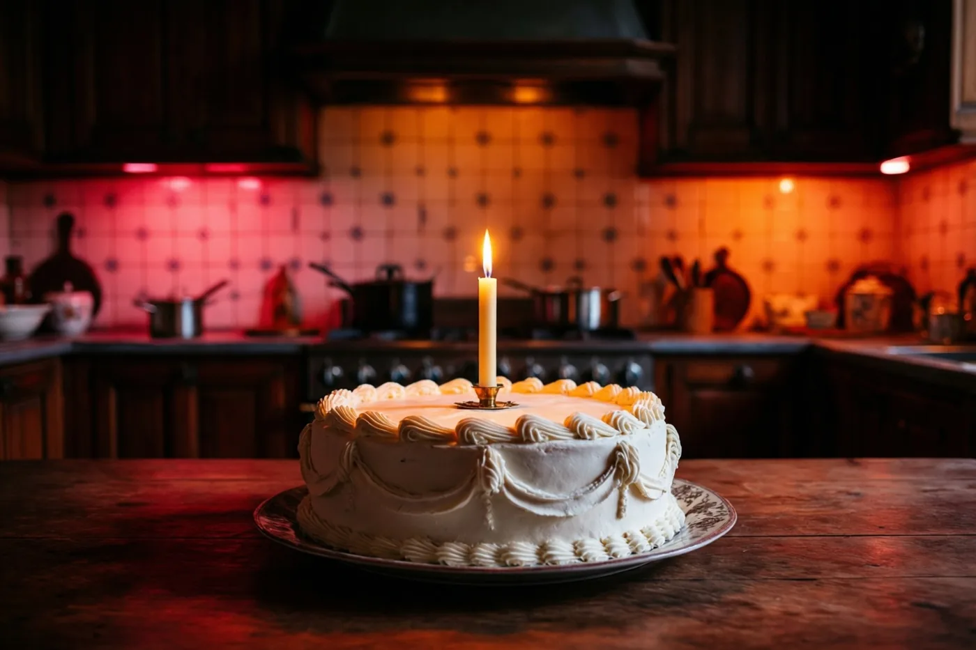 Een wit geglazuurde communietaart met één brandende kaars staat op een houten tafel in een schemerige Vlaamse keuken met betegelde muren en donkere houten kasten in warm roodachtig licht.