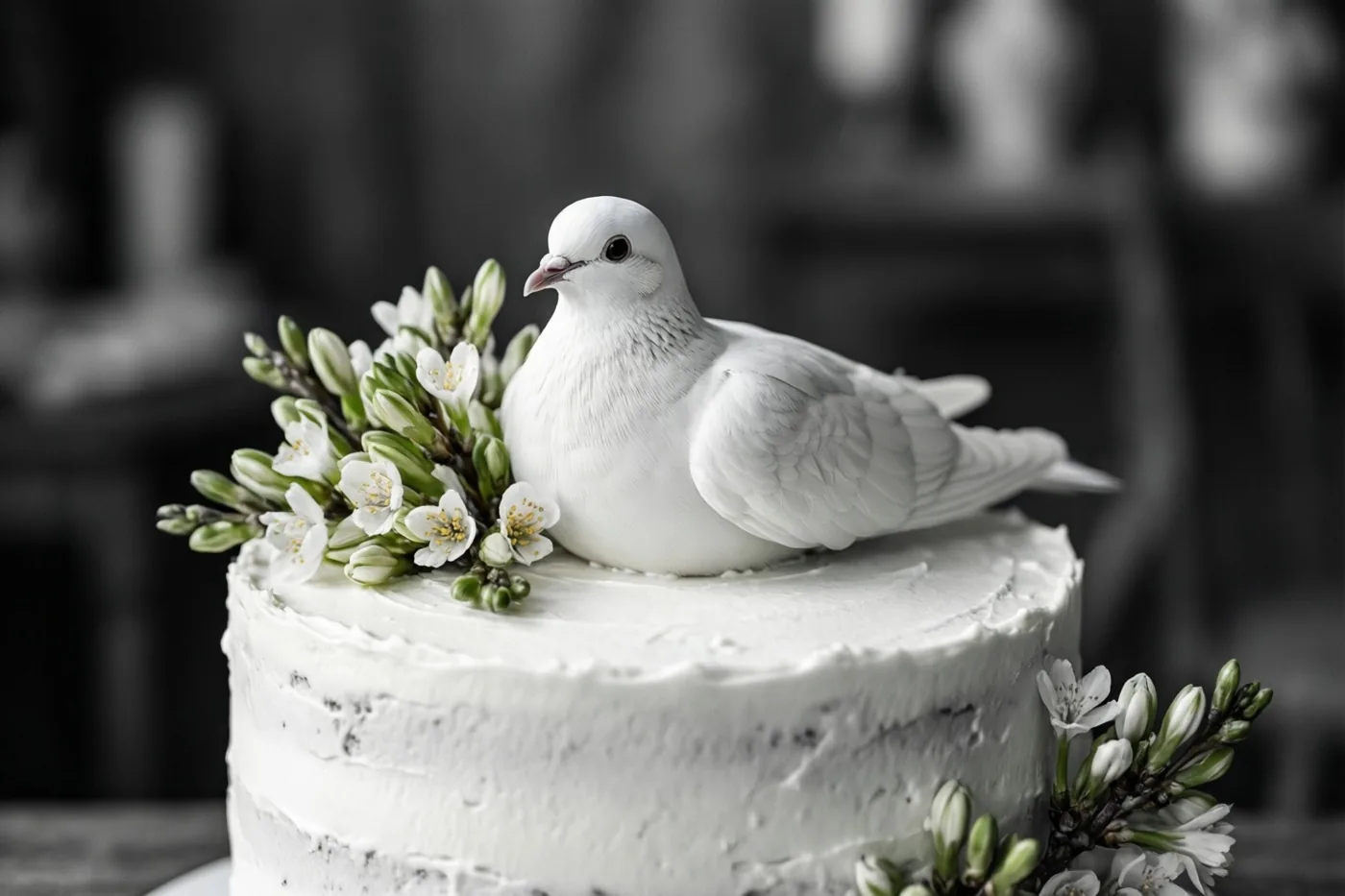 Een zwart-witfoto toont een witte taart met een klein wit duifje en verse lentebloemen tegen een onscherpe achtergrond.