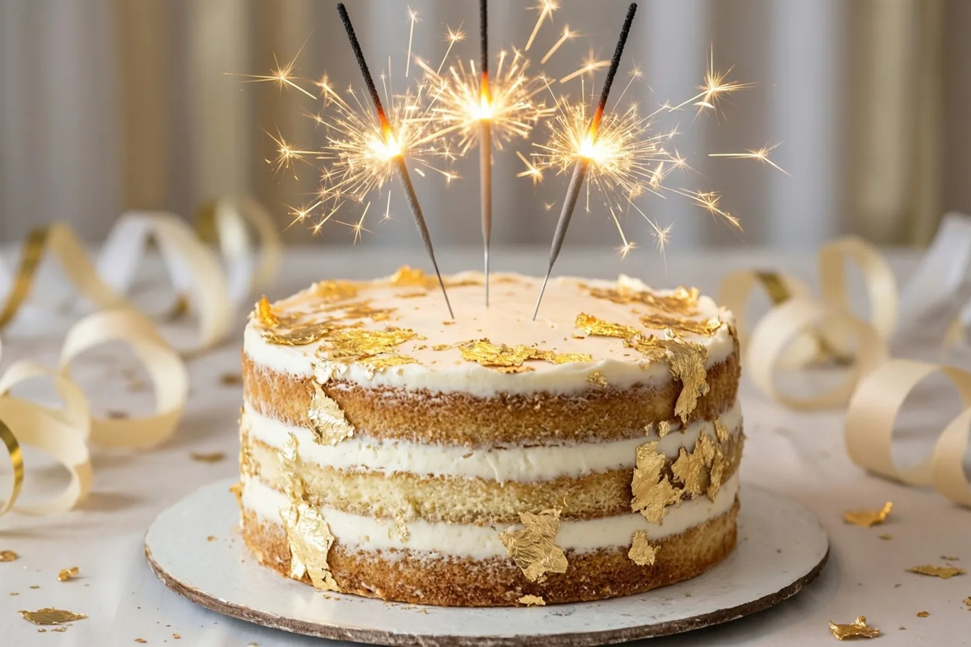 Een laagjestaart met wit glazuur, bladgoud en drie brandende sterretjes staat op een bord tussen gouden en witte slingers op een lichte tafel.