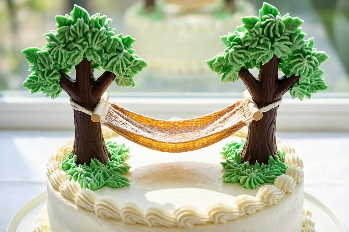 Op een ronde taart met wit glazuur staan twee chocoladebomen met opgespoten groene bladeren en een gevlochten suikerhangmat ertussen, voor een helder raam.