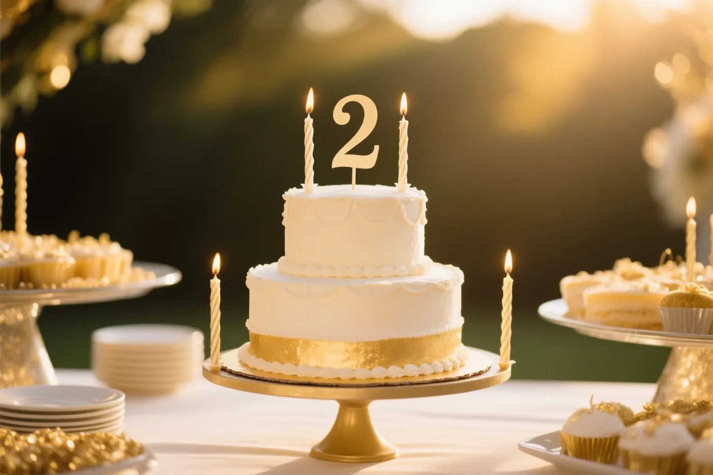 Een witte taart met twee verdiepingen, een gouden lint, brandende kaarsjes en een papieren cijfer 2 staat op een gouden taartstandaard op een buffet in warm licht.
