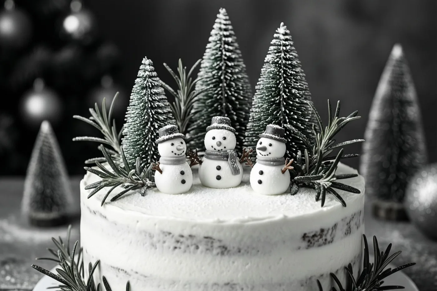 Een taart met wit glazuur, kleine sneeuwpoppen en gesuikerde rozemarijntakjes staat voor onscherpe kerstversiering en bomen in een monochroom beeld.