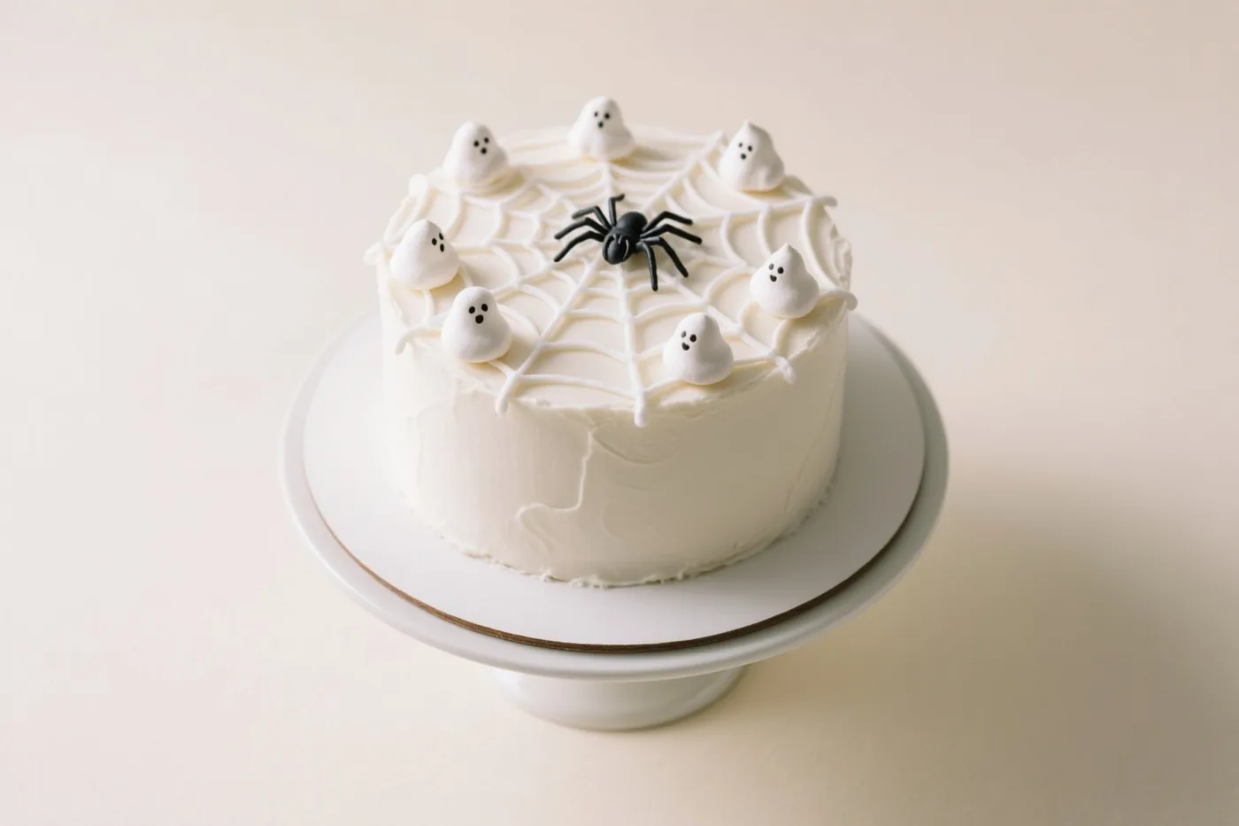 Een ronde witte taart met opgespoten witte spinnenwebben en kleine witte meringuespookjes staat op een witte taartstandaard tegen een gebroken witte achtergrond.