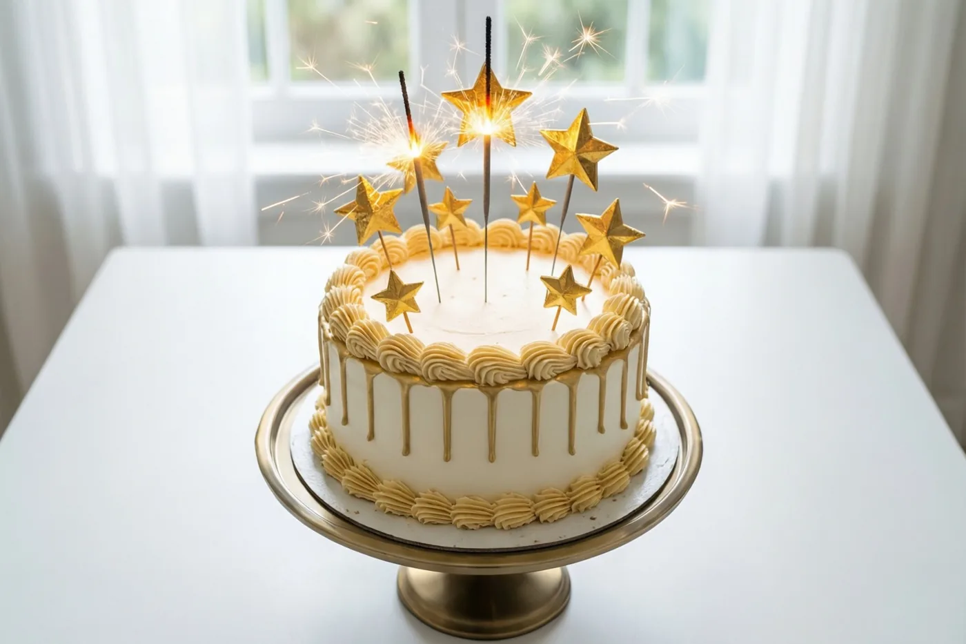 Een ronde taart met wit en goudkleurig glazuur, gouden sterren en sterretjes staat op een gouden taartstandaard voor een helder raam met witte gordijnen.