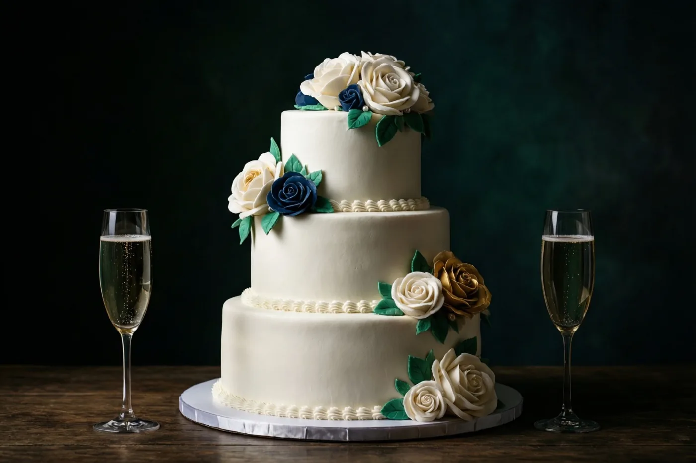 Een witte taart van drie lagen met suikerrozen en groene bladeren staat op een houten tafel tussen twee champagneglazen met bubbels, tegen een donkergroene achtergrond in zacht licht.