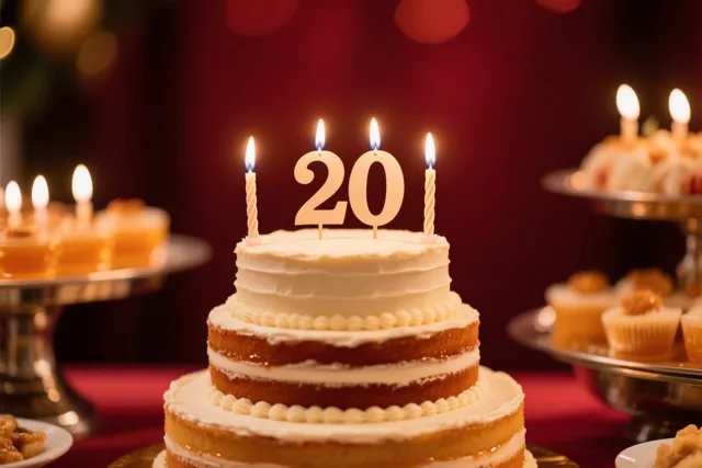 Een taart met verdiepingen, wit glazuur, brandende kaarsjes en een papieren 20 staat tussen andere desserts op een buffet, tegen een dieprode achtergrond met onscherpe lichtjes.