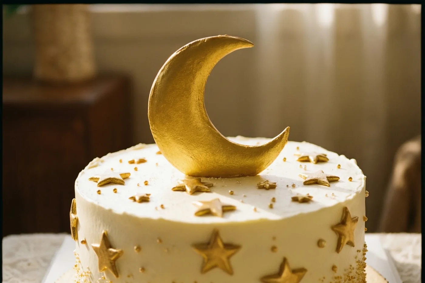 Een ronde witte taart met een grote gouden maansikkel en gouden strooisterren bovenop en langs de zijkant staat op een witte ondergrond tegen een wazige achtergrond in warme tinten.