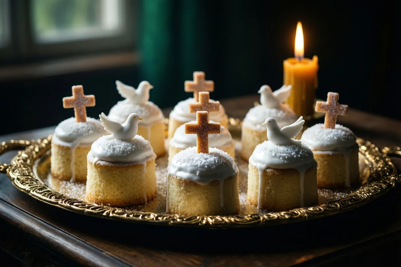 Een goudkleurig dienblad met witte taartjes met kruisjes en duifjes van suiker staat naast een brandende doopkaars op een houten ondergrond tegen een donkere achtergrond.
