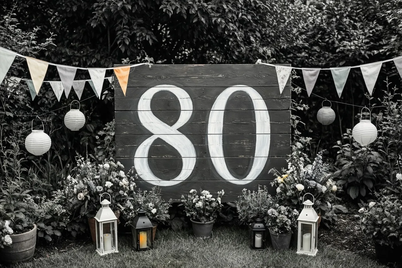 Een houten bord met 80 in wit staat in een tuin tussen vlaggetjes, hangende lantaarns, bloemen in potten en brandende lantaarns op het gras.