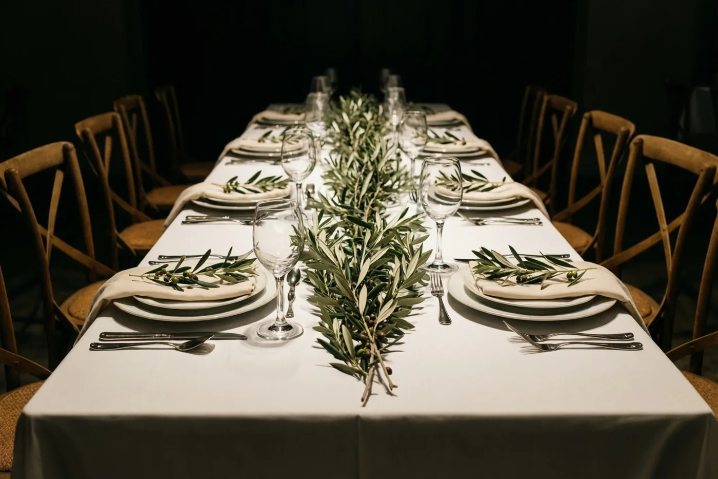 Op een lange witte tafel zijn twee feestelijk gedekte plaatsen zichtbaar met olijftakken als versiering, in gedempt licht.