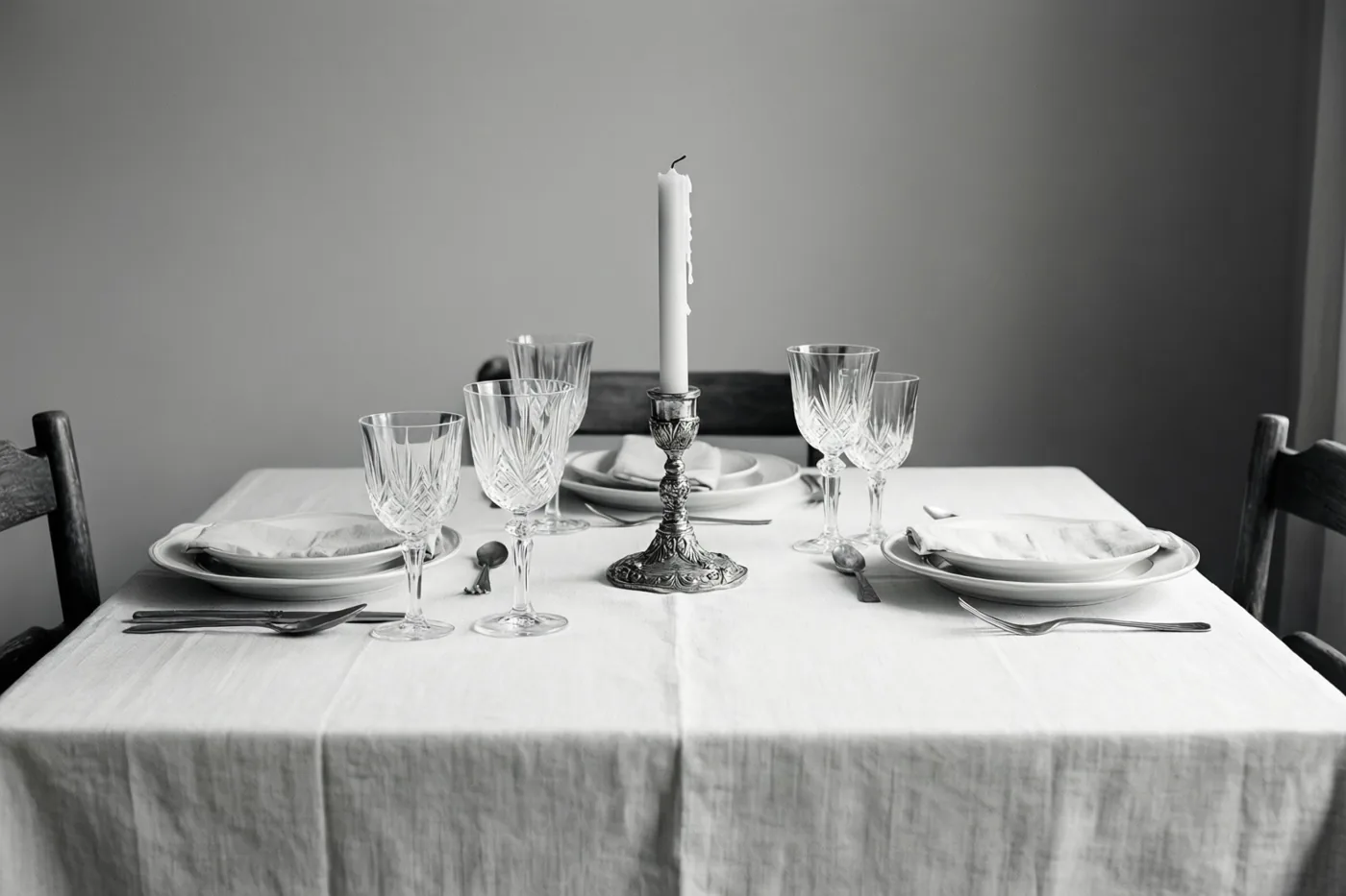 Een tafel is gedekt met wit linnen, kristallen glazen en een witte kaars in een sierlijke zilveren houder, in een beeld met sobere tinten.