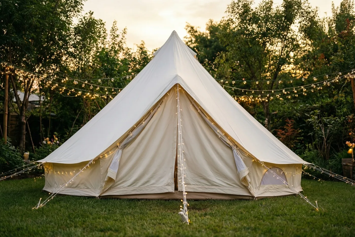 Een witte kloktent met warme lichtslingers staat op een groen gazon bij schemering, omringd door bomen en bladeren.