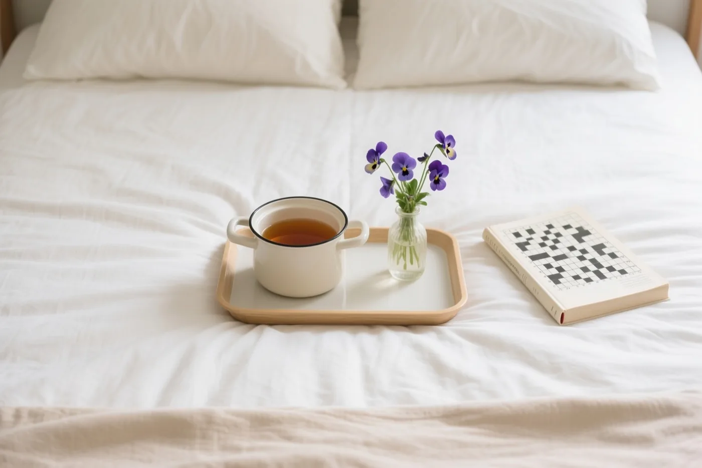 Een houten dienblad met een witte emaille theepot, paarse viooltjes in een glazen vaasje en een kruiswoordraadselboek staat op een witte bedsprei.